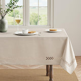 Beige Rectangle Linen Polyester Tablecloth with Decorative Cutouts Spring Waterproof Stain Resistant
