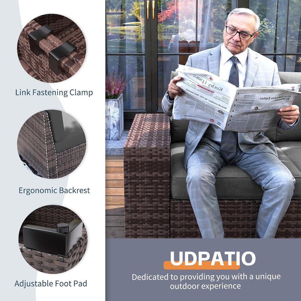 6-Piece Patio Furniture Set, 8 Inch Armrest, 4" Thick Cushion | L Shape Modular Sectional Sofa w/ Glass Coffee Table