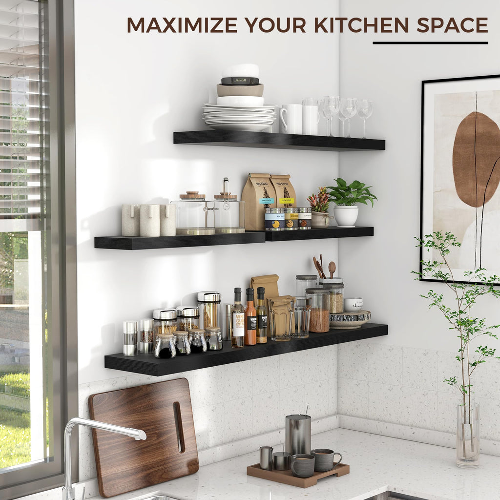 48" Wide x 9" Deep Floating Shelves for Wall, Black Finish, 2-Pack