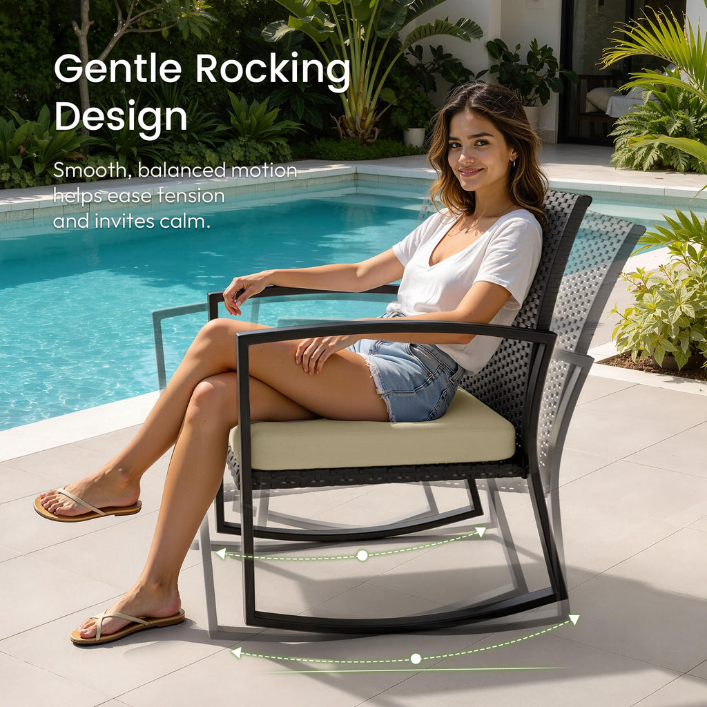 Rocking Patio Bistro Sets - All-Weather - 3 Piece Rattan Conversation Furniture Set, Wicker Outdoor Front Porch Chair