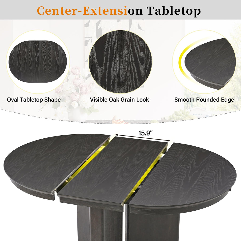 Extendable Dining Table, 42"-58" Length Farmhouse Oval Wood Table with Pedestal Base and Adjustable Foot Pads, Seats