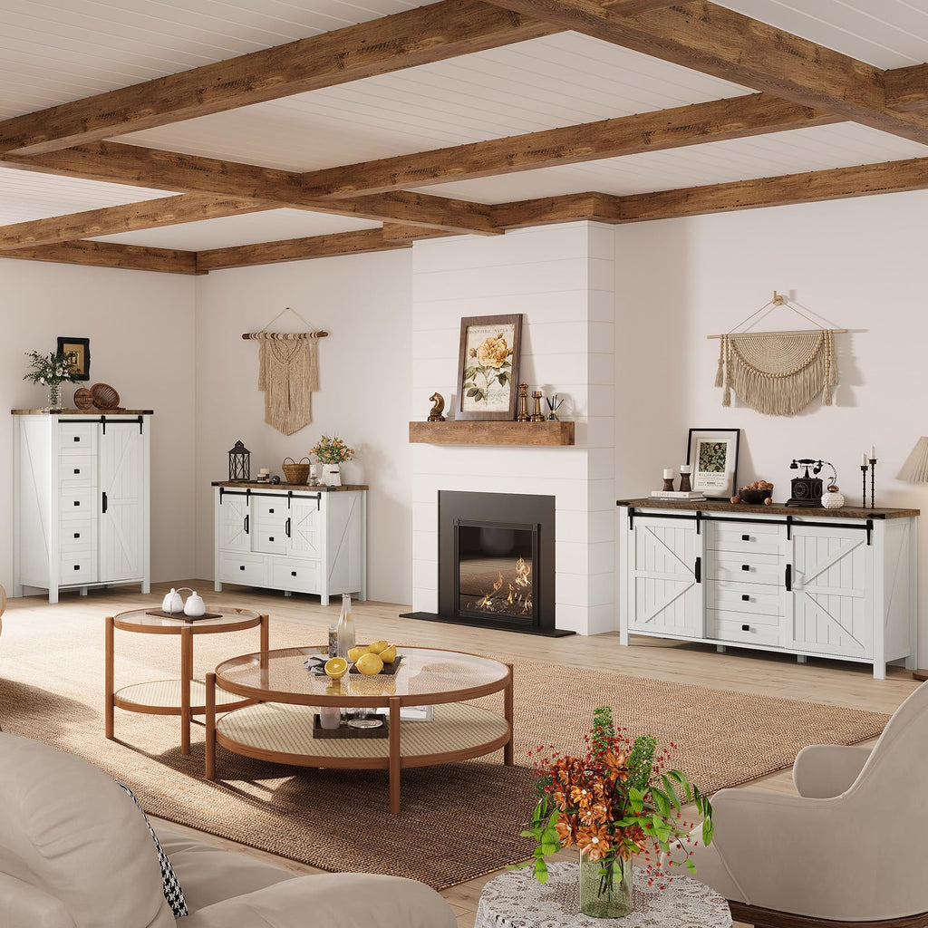 31.5" Farmhouse 5-Drawer Dresser with Barn Doors, Distressed White