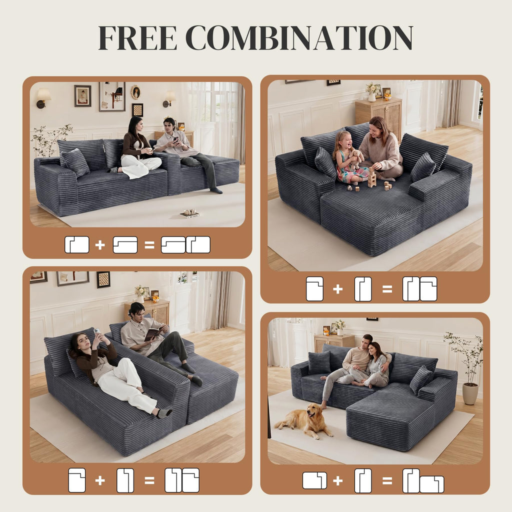 108" L Shaped Cloud Boneless Sectional Couches, Modern Comfy Modular Deep Seat Memory Foam Compressed Corduroy Sofa