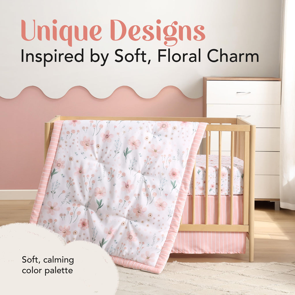 The Hōmistry 3-Piece Baby Crib Sheets Bedding Set for Boys & Girls - Reversible Quilt, Fitted Sheet, Crib Skirt