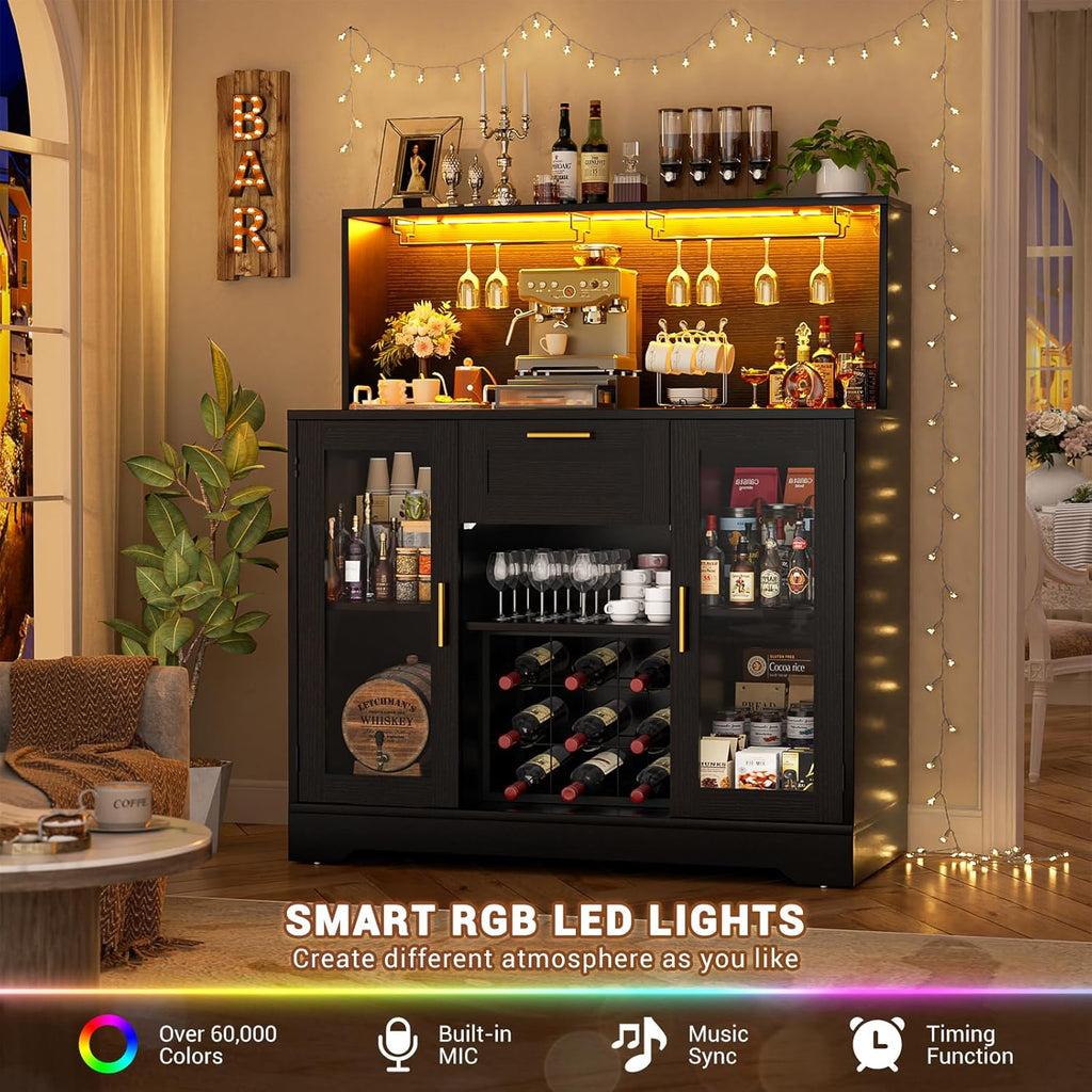 Coffee Bar Cabinet with LED Light and Storage Hutch, Black | Liquor Wine Bar Cabinet with Drawer, Wine Rack, Glass