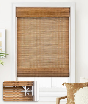 No Drill Bamboo Roman Shades, 34x64, Ceylon Light Russet | Light Filtering Window Treatment, No Tools Cordless Roll