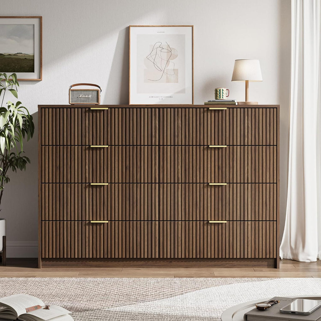 Dresser , 8 Drawer Double Dresser, Modern Chest of Drawers and Closet, 55" L x 15.7" D x 37.4" H, Walnut