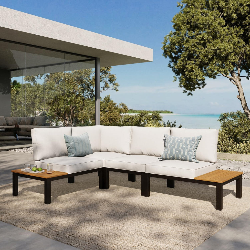 4 Pieces Metal L-Shaped Outdoor Sectional with Cushion, | Outdoor Patio Furniture Set with Side Table, Modular Patio
