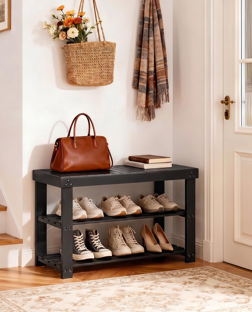 3 Tier Bamboo Shoe Rack Bench, Black