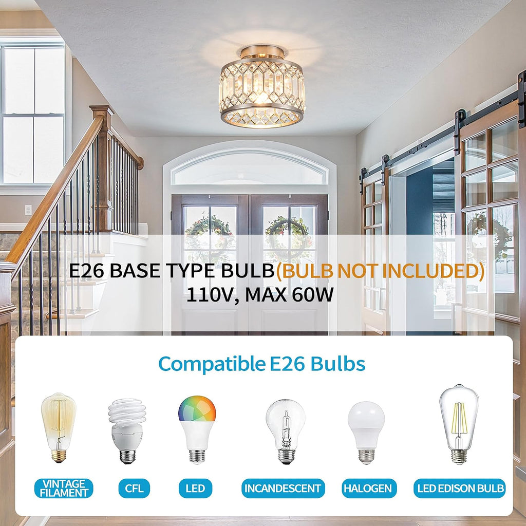 Crystal Ceiling Light Fixture, Modern Semi Flush Mount Ceiling Light,Crystal Chandelier Bedroom Bathroom Entryway