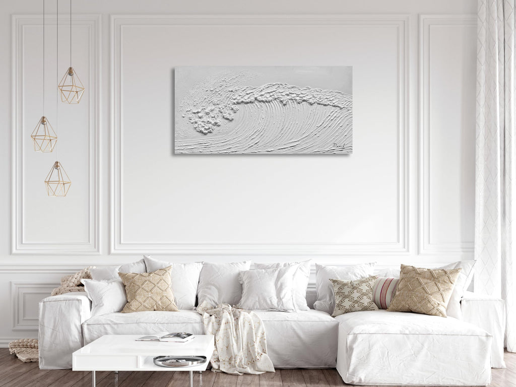 Solid Color White Textured Canvas Wall Art Abstract Beach Waves Landscape Oil Painting Handmade Contemporary Modern