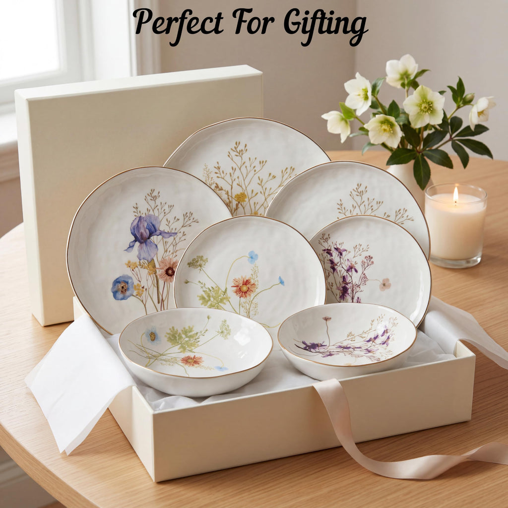 Luxury Porcelain Dinnerware Set for 4- Glossy White Plates and Bowls Sets with Wildflower Patterns and Gold