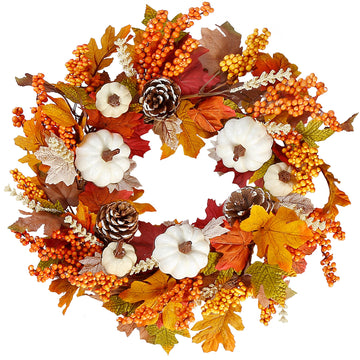 Fall Wreath 20'' Autumn Front Door Wreath Harvest Wreath with White Pumpkins Berries Maple Leaves Pine Cones Grain
