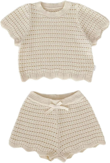 Baby Little Girls Summer Knit 2 Piece Outfit, Toddler Short Sleeve Crochet Top and Shorts Set