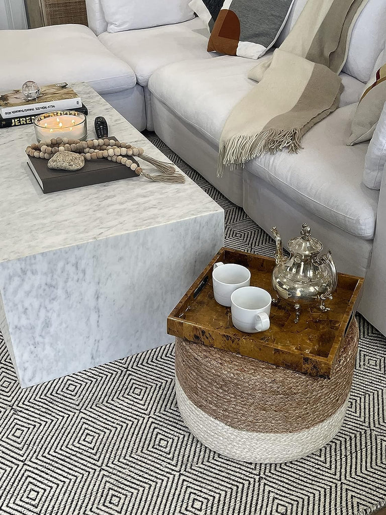 Jute Pouf Ottoman | Footrest Pouf | Hand Braided - Round Boho Pouffe - (18"x18"x12") Ivory