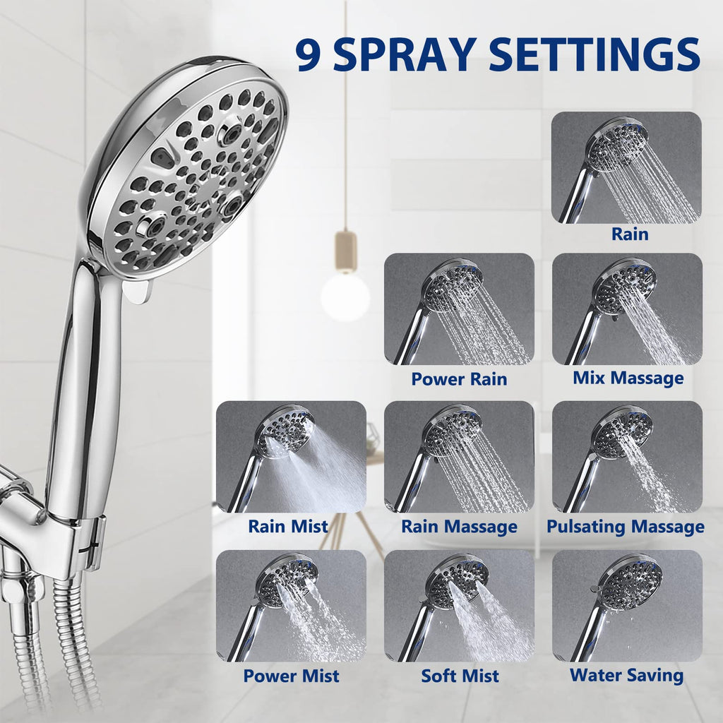 Pressure 10 Setting Handheld Shower Head, 5" Detachable Showerhead Spray Built-in Power Wash to Clean Tub, Tile &