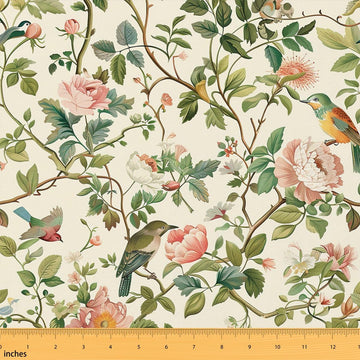 Birds Watercolor Fabric By The Yard, Retro Chic Leaves Indoor
