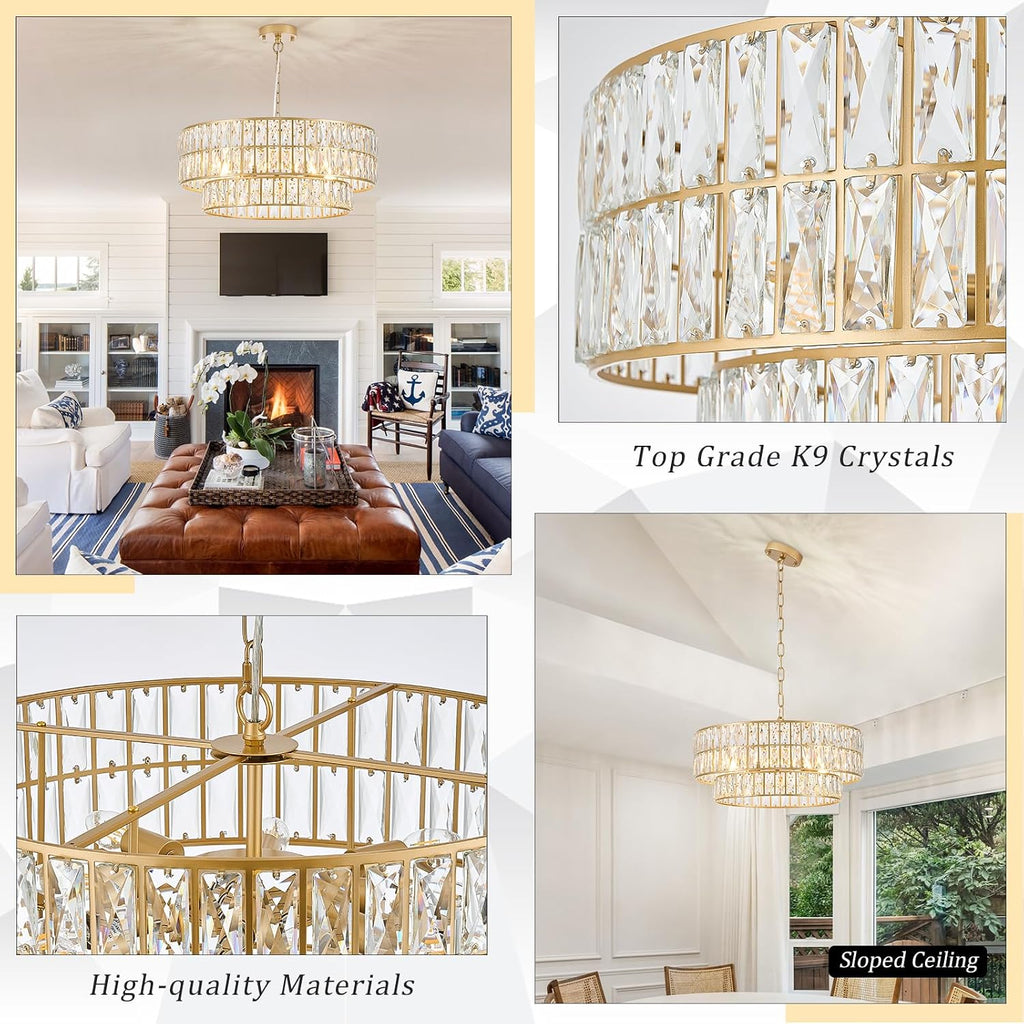 24'' Modern Crystal Chandelier 8-Lights Luxury Gold Semi Flush Mount Ceiling Light Fixtures Round Crystal Pendant