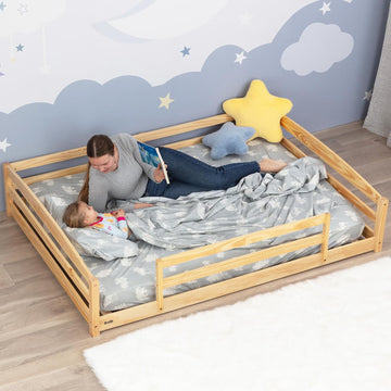 Floor Bed for Kids with Rails & Wood Slatted Frame