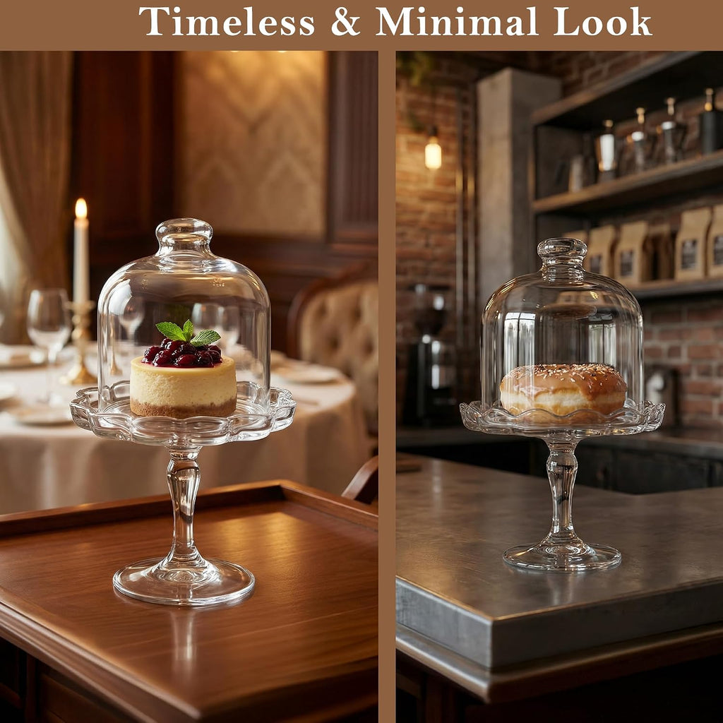 Glass Mini Cake Stand with Clear Dome Lid, Elegant Pedestal Cupcake Stand, Clear Glass Cake Dome for Cake Storage
