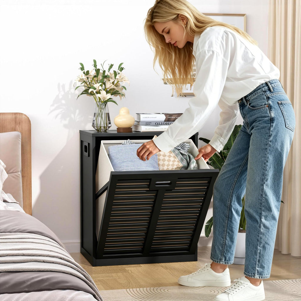 Tilt Out Laundry Hamper, Bamboo Laundry Cabinet with Hidden Removable Basket,Dirty Clothes Storage Organizer , Black