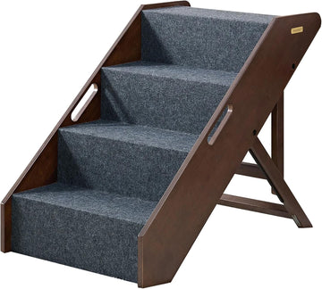 Wooden Pet Steps with 3 Adjustable Heights - No Assembly Foldable Pet Stairs for High Beds with Solid Hardwood