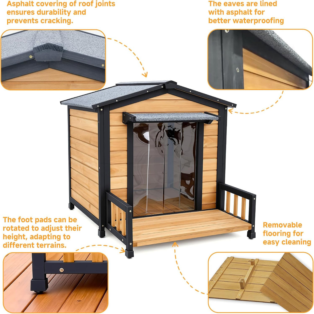 Large Dog House Outdoor, Wood Weatherproof Shelter with Elevated Floor