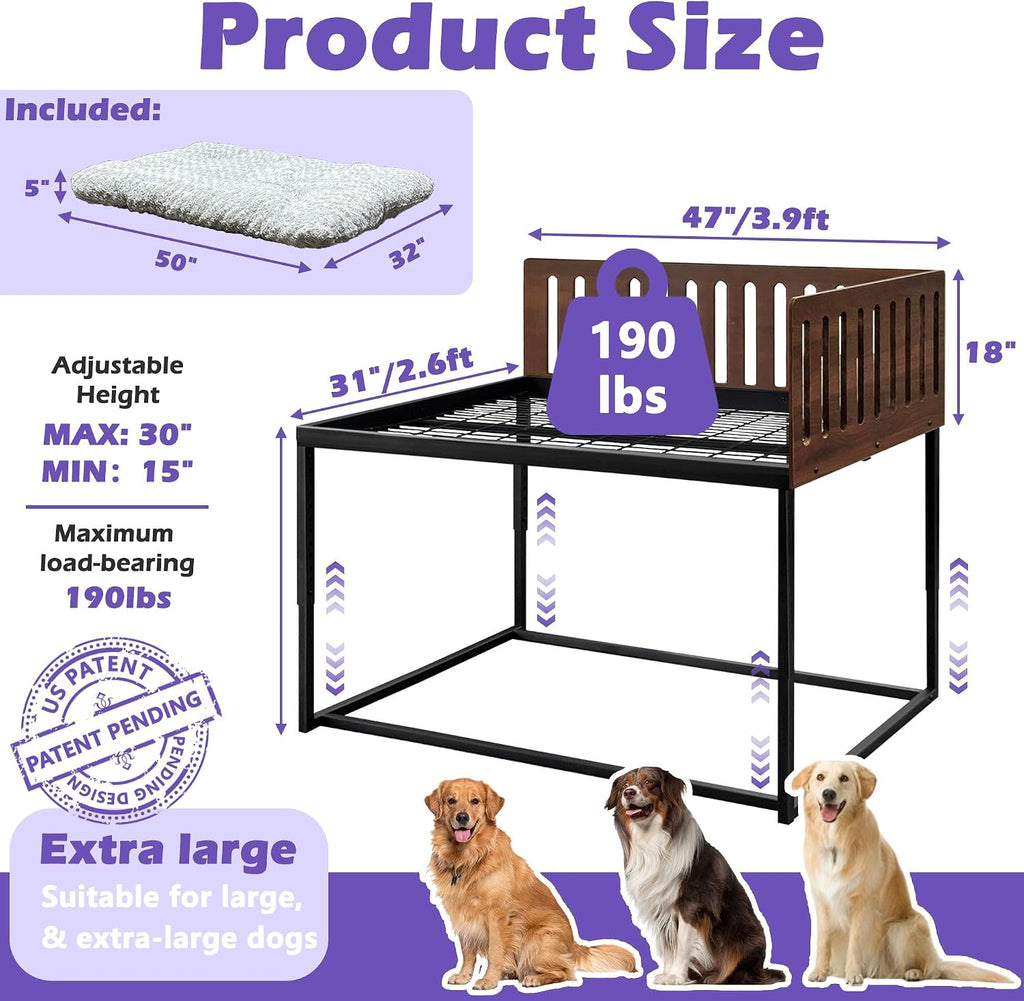 Beside Dog Bed, 2 Panel Adjustable Height Dog Bunk Beds, Metal Dogs Bed Frame with Cushion, X-Large