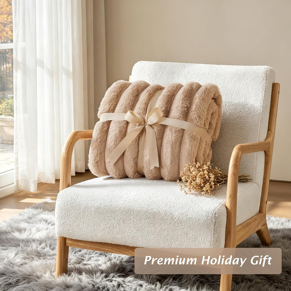 Faux Fur Twin Blanket for Couch Cozy Soft Plush Thick Striped | Luxury Blanket for Sofa, Living Room, Bedroom, 60" x