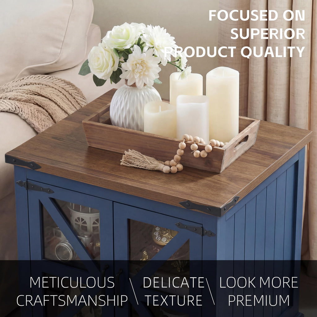Farmhouse End Table, 24" Large End Tables with Storage, Rustic Square Sofa Beside Table with Glass Barn Door, Wood