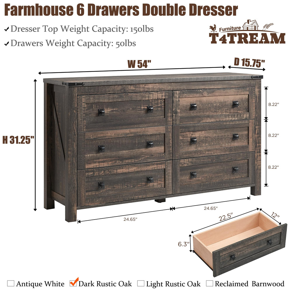 54" Wide Farmhouse 6-Drawer, Dark Rustic Oak