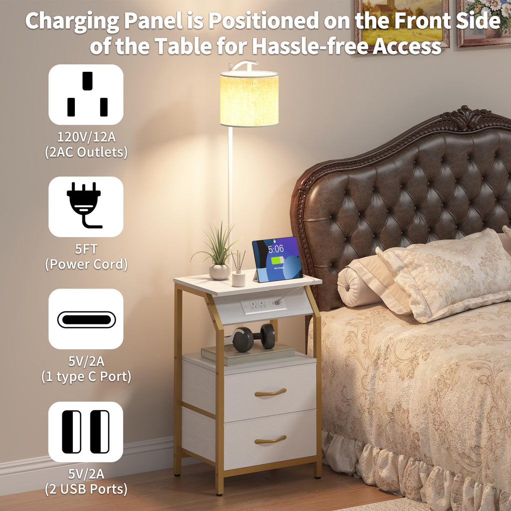 End Table with Floor Lamp, Nightstand with Charging Station, Floor Lamp Table with 3-Color Temperature Bulb, Bedside