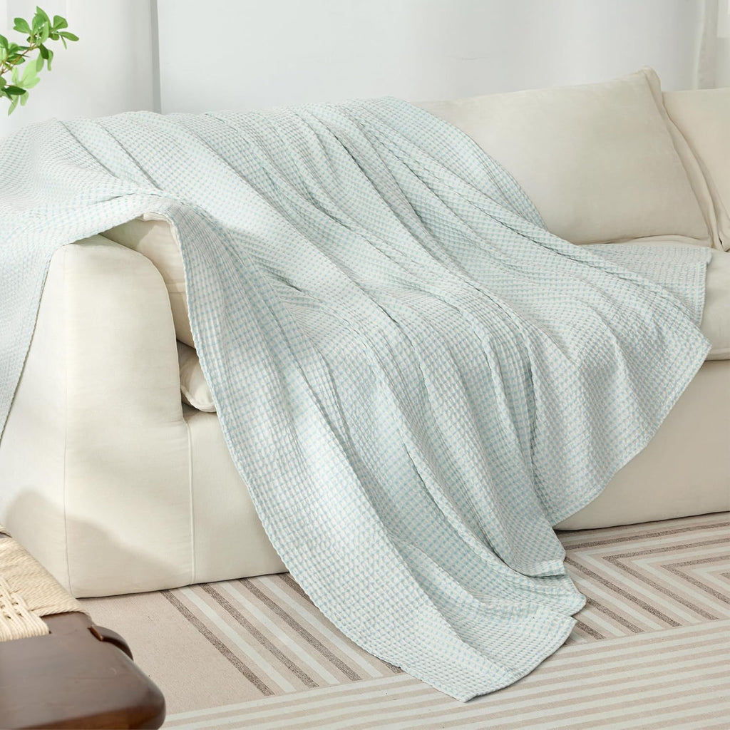 Lightweight Cotton Waffle Throw Blanket, Modern Two-Tone Check Pattern, Soft & Breathable, All Seasons - Light