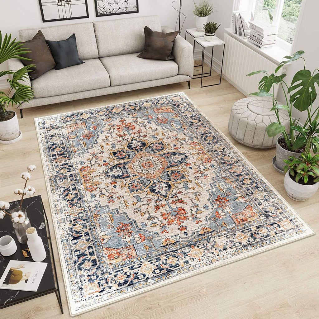 Area Rugs Washable Non-Slip, Floral Vintage Distress Print Pattern Medallion Carpet Bedroom Dining Room, Beige Navy