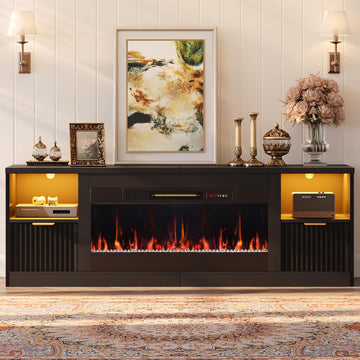 70" Fireplace TV Stand for TVs Up to 80", Modern Entertainment Center with 36" Electric Fireplace & LED Lights