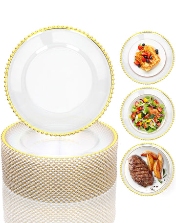 Clear Charger Plates Bulk 10Pcs, 13" Gold Beaded Chargers Wedding