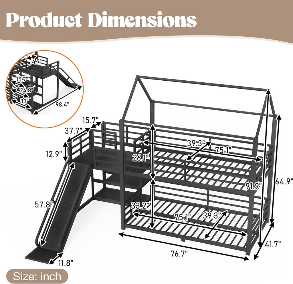 Twin Over Twin Bunk Bed with Slide, Kids House Floor Bunk Bed with Storage Stairs and Full Length Guardrail
