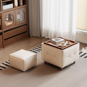 Square Ottoman with Storage Set of 2, Leather Coffee Table Ottoman, Multifunctional Foot Rest Stool with Storage