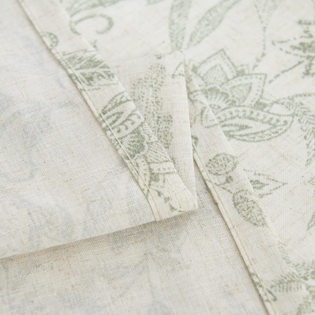Green on Beige Floral Vine Linen Kitchen Curtains 26W X 24L 2 Panels