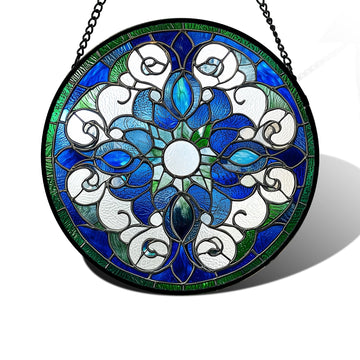 Blue Floral Mandala Stained Glass Window Hanging Suncatcher Gifts 12"