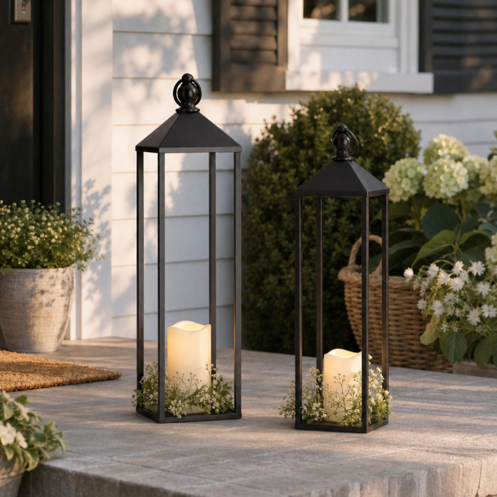 Decorative Lanterns for Indoor & Outdoor, Set of 2 Black Metal Lanterns (22" & 19") with LED Timer Flameless Candles