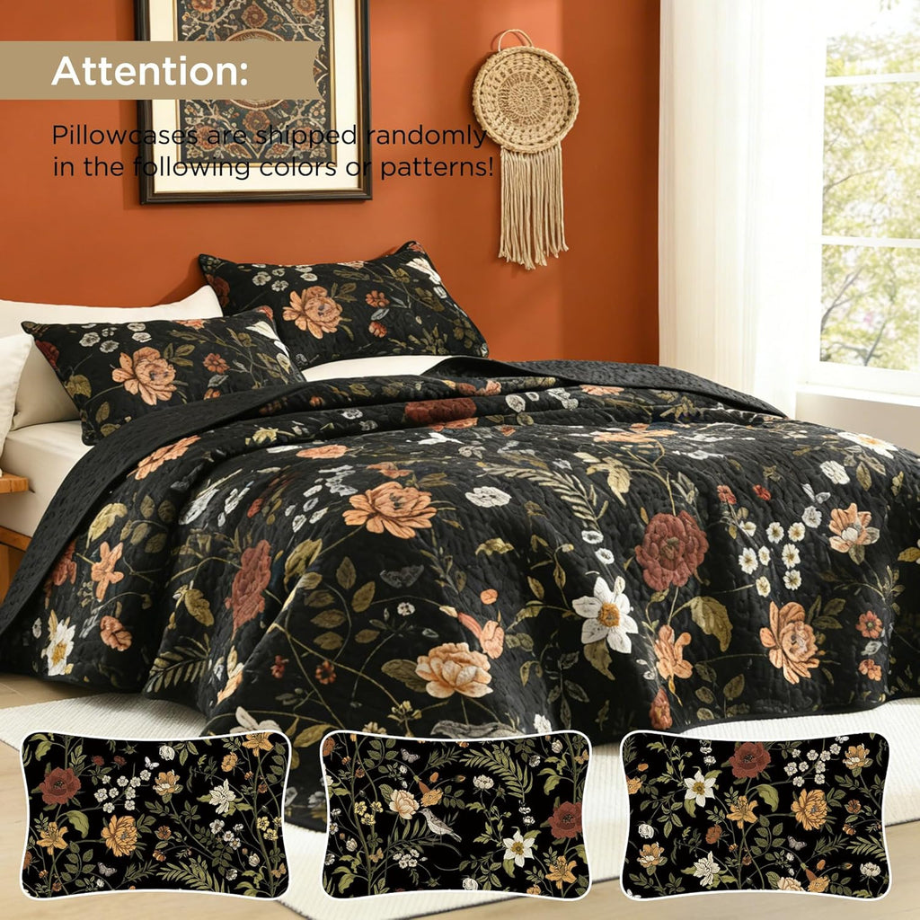 Floral Black Quilt Queen - 3 Pieces Botanical Birds Pattern Quilt Bedding, Lightweight Soft Coverlet for All Seasons