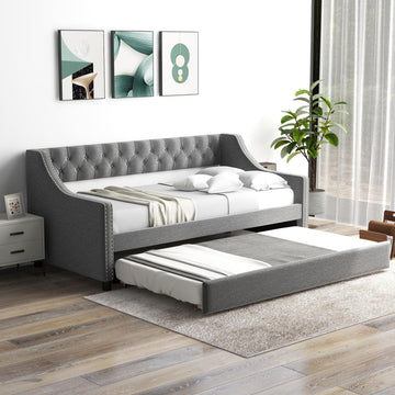 Upholstered Twin Daybed with Trundle, Modern Trundle Bed with Button Tufted Backrest and Wooden Slat Support, Twin