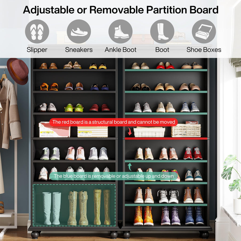 Narrow Tall Shoe Cabinet with LED Lighting, 9-Tier 30 Pairs Freestanding Shoes Storage Cabinet, Wood Shoe Organizer