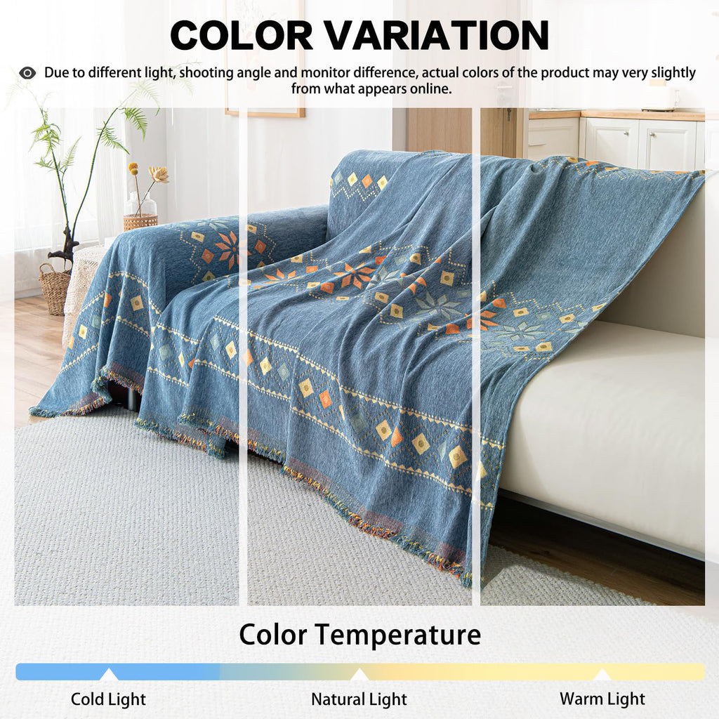 Blue Boho Couch Cover Geometric Jacquard Sofa Covers for 2 Cushion Couch Loveseat Couch Cover for Pets Dogs Vintage