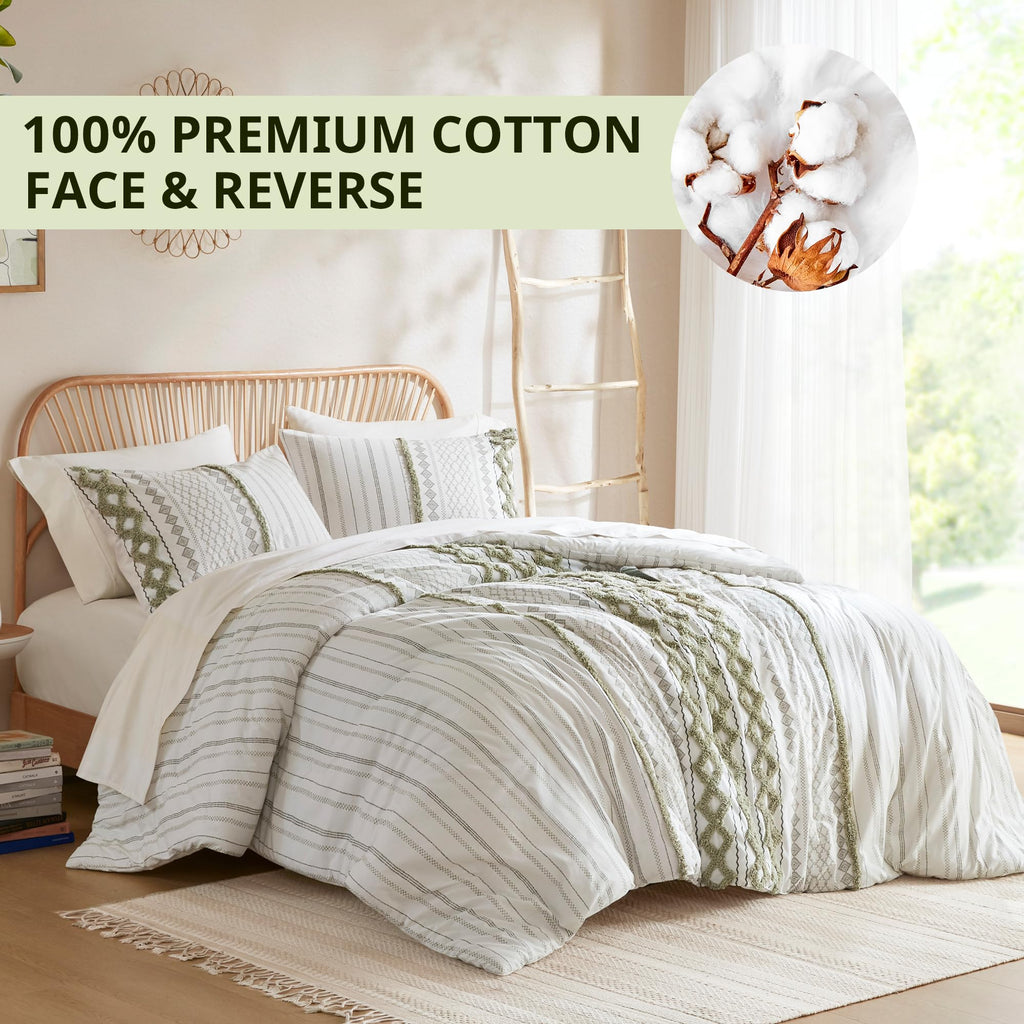 Queen Comforter Set, Boho Comforters, Breathable Cotton Bed Set, All Season Modern Chenille Tufted Comforter with