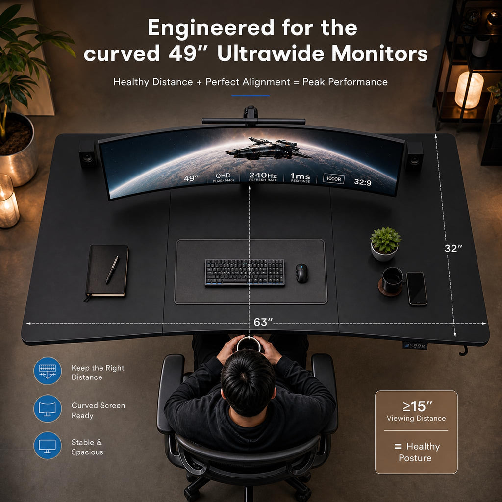 63x32 Electric Standing Desk, Curved Black Desktop