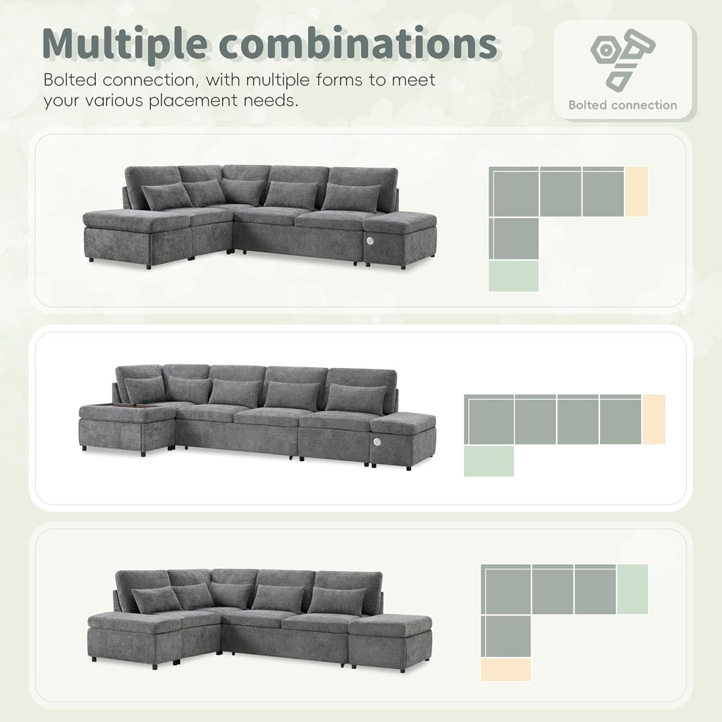 107'' L Shape Modular Sectional Pull-Out Sofa with Wide Seats & Movement Storage Ottoman & USB & Adjustable Armrests
