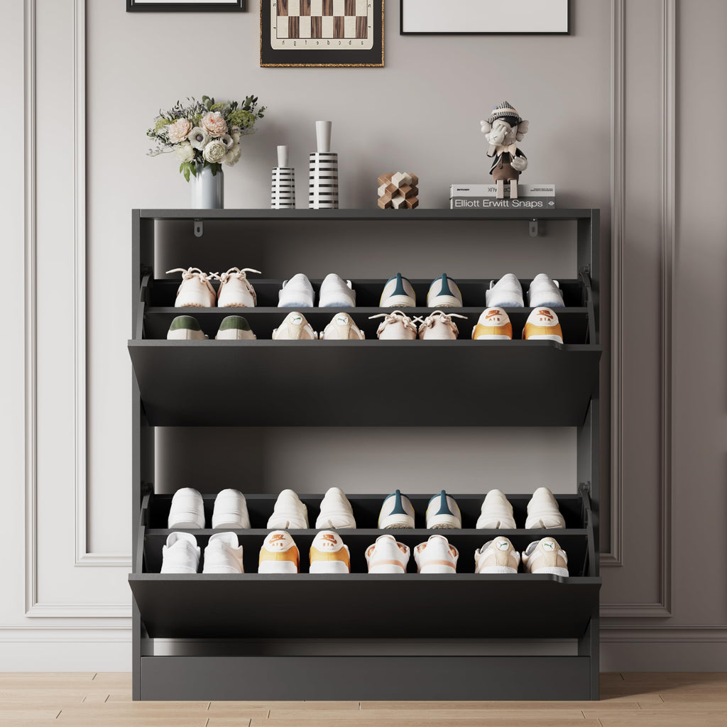 Shoe Storage Cabinet with 2 Flip Drawers, Wood Freestanding Hidden Shoe Storage, Sturdy Narrow Slim Shoe Organizer