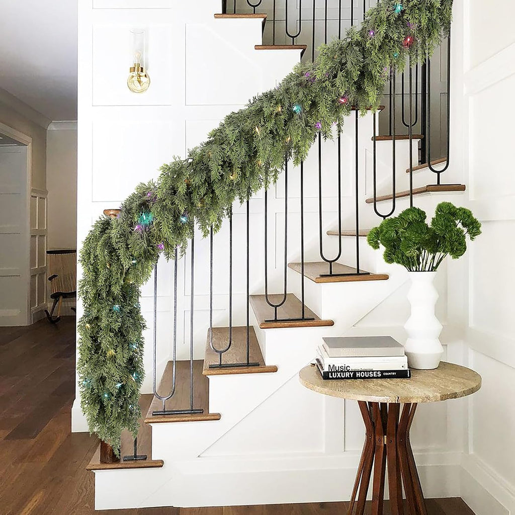 Cedar Christmas Garland with Lights for Mantle - 2 Pack Decorations 9ft Realistic Lighted Faux Pine Garlands for Xmas